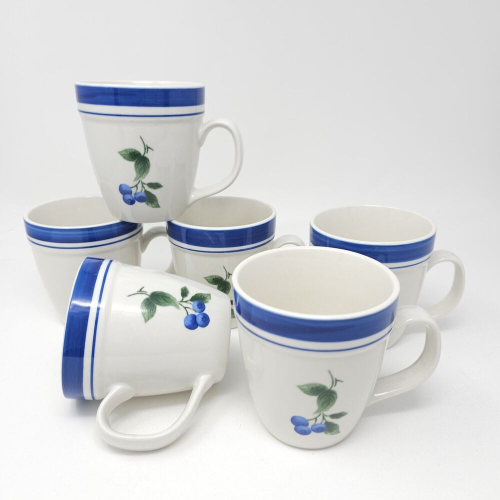 Set of 6 LL Bean Stoneware Blueberry 4 1/2” Coffee Mugs Cups Large 16 oz.